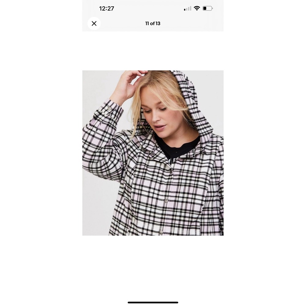 Torrid Plaid Hooded Shirt Jacket White Pink Black Snap Front Plus Size - Picture 2 of 14